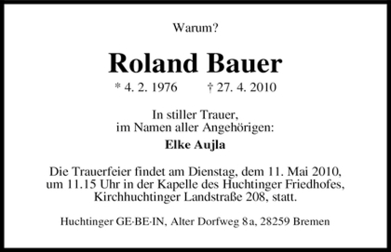  Traueranzeige für Roland Bauer vom 07.05.2010 aus WESER-KURIER
