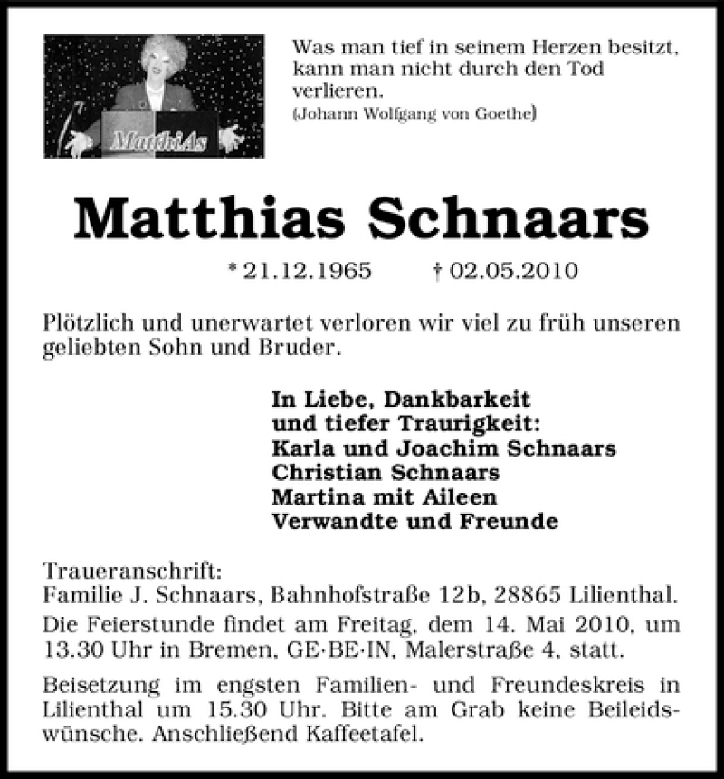  Traueranzeige für Matthias Schnaars vom 11.05.2010 aus WESER-KURIER
