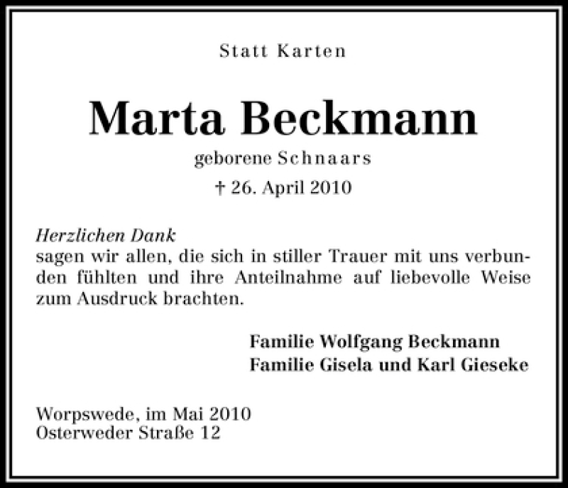Traueranzeige von Marta Beckmann von WESER-KURIER