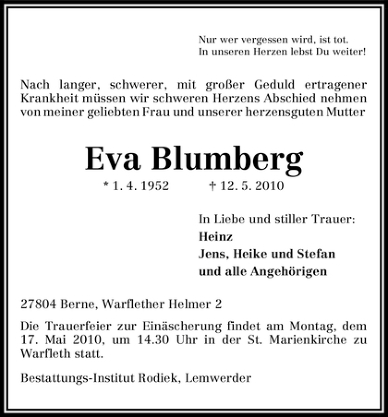 Traueranzeige von Eva Blumberg von WESER-KURIER