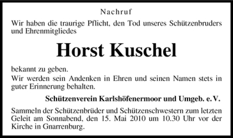 Traueranzeige von Horst Kuschel von WESER-KURIER