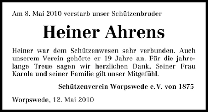 Traueranzeige von Heiner Ahrens von WESER-KURIER