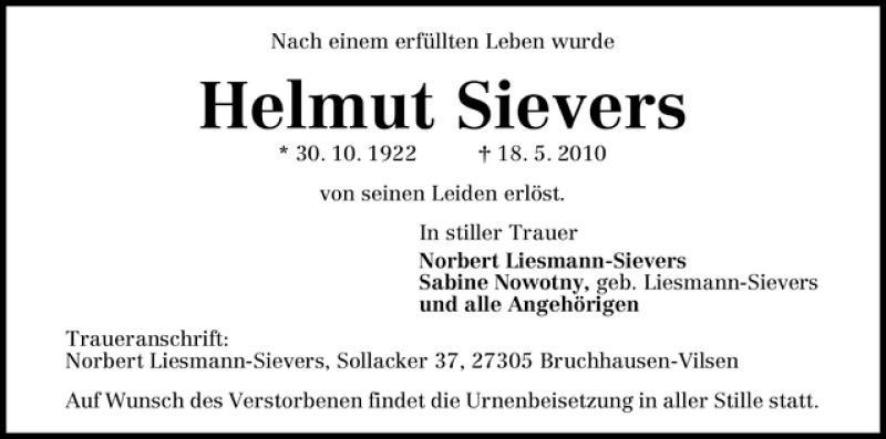 Traueranzeige von Helmut Sievers von WESER-KURIER