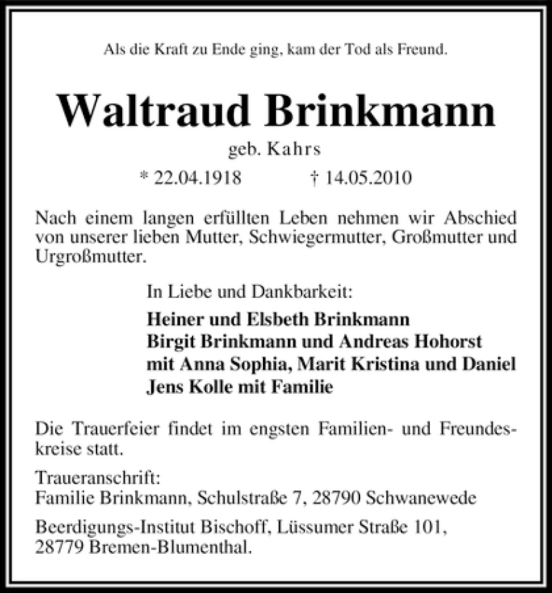  Traueranzeige für Waltraud Brinkmann vom 21.05.2010 aus WESER-KURIER