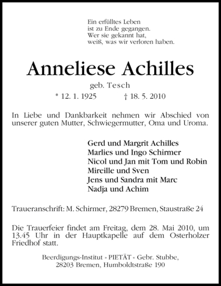 Traueranzeige von Anneliese Achilles von WESER-KURIER