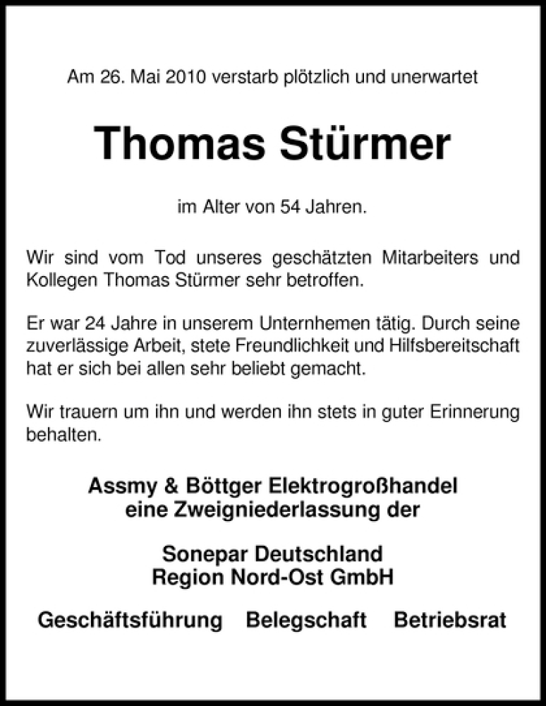  Traueranzeige für Thomas Stürmer vom 29.05.2010 aus WESER-KURIER
