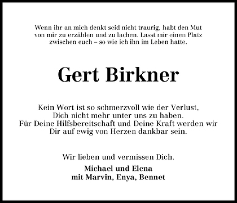 Traueranzeige von Gert Birkner von WESER-KURIER
