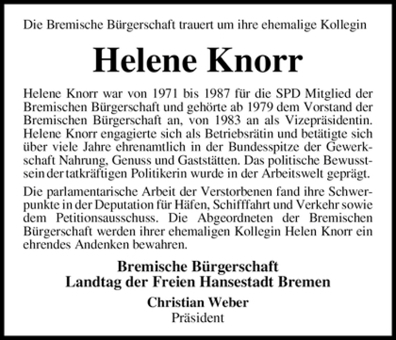 Traueranzeige von Helene Knorr von WESER-KURIER