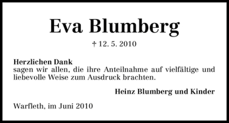 Traueranzeige von Eva Blumberg von WESER-KURIER
