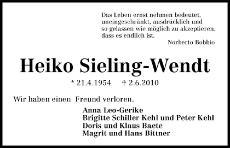 Traueranzeige von Heiko Sieling-Wendt von WESER-KURIER