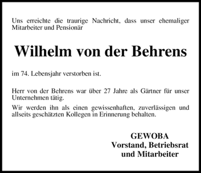Traueranzeige von Wilhelm von der Behrens von WESER-KURIER