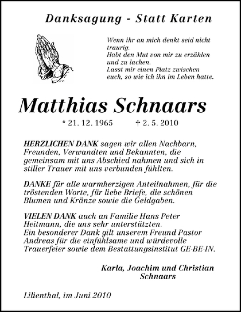  Traueranzeige für Matthias Schnaars vom 12.06.2010 aus WESER-KURIER