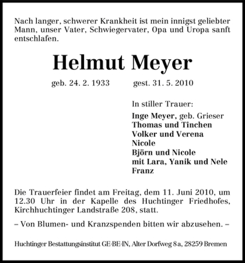 Traueranzeige von Helmut Meyer von WESER-KURIER