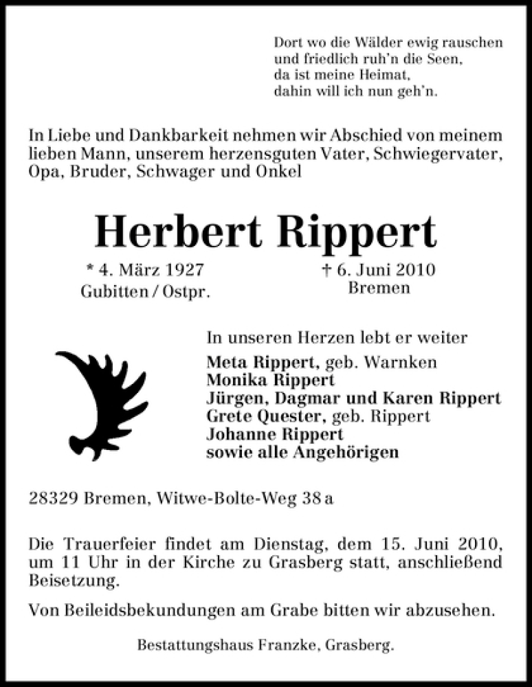  Traueranzeige für Herbert Rippert vom 10.06.2010 aus WESER-KURIER