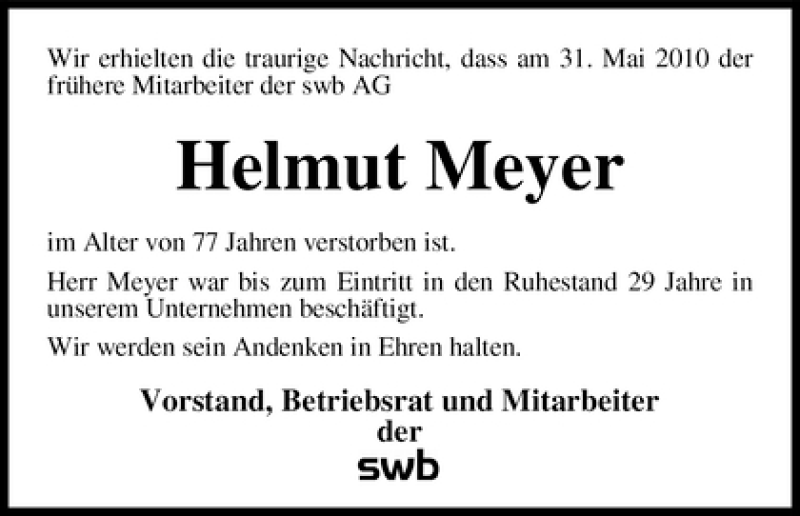 Traueranzeige von Helmut Meyer von WESER-KURIER