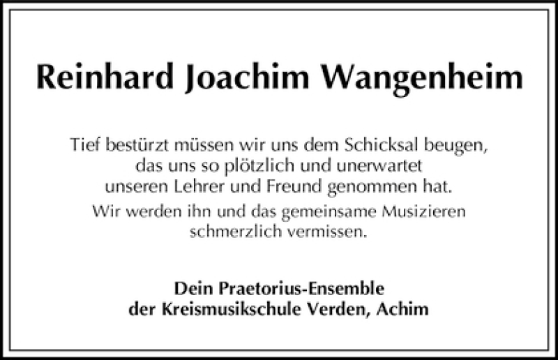 Traueranzeige von Reinhard Joachim Wangenheim von WESER-KURIER