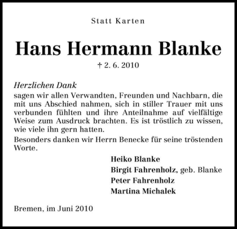Traueranzeige von Hans Hermann Blanke von WESER-KURIER