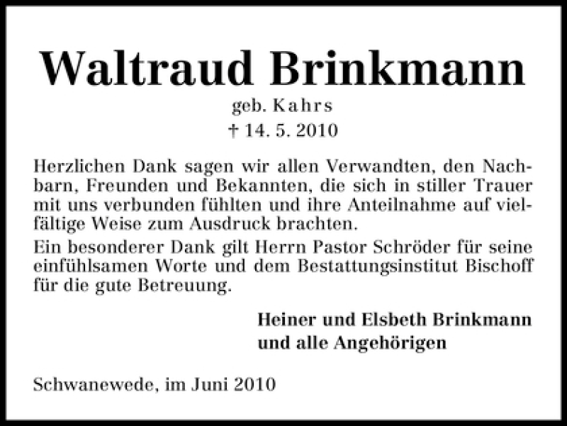  Traueranzeige für Waltraud Brinkmann vom 26.06.2010 aus WESER-KURIER