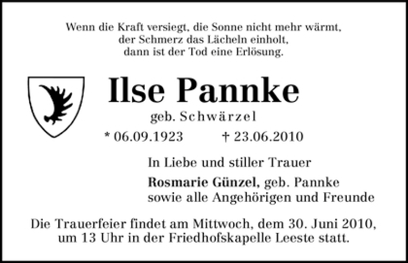  Traueranzeige für Ilse Pannke vom 29.06.2010 aus WESER-KURIER