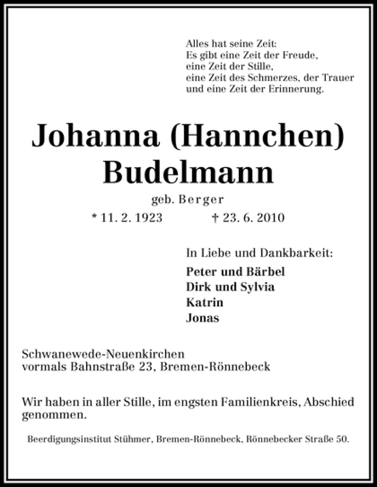  Traueranzeige für Johanna Budelmann vom 30.06.2010 aus WESER-KURIER