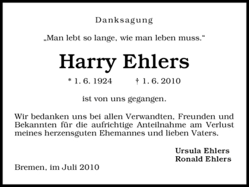 Traueranzeige von Harry Ehlers von WESER-KURIER