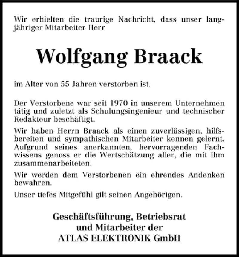 Traueranzeige von Wolfgang Braack von WESER-KURIER