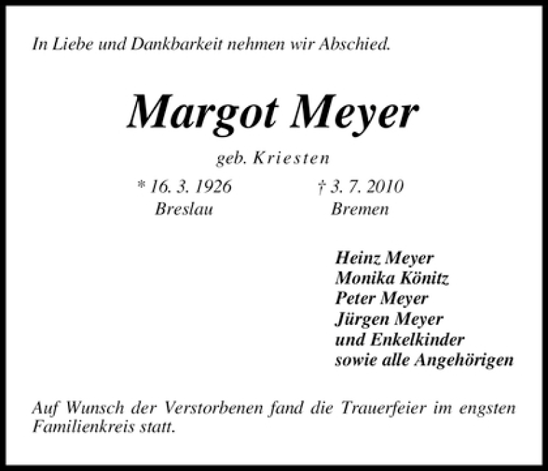 Traueranzeige von Margot Meyer von WESER-KURIER