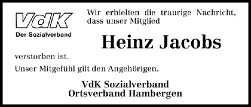 Traueranzeige von Heinz Jacobs von WESER-KURIER