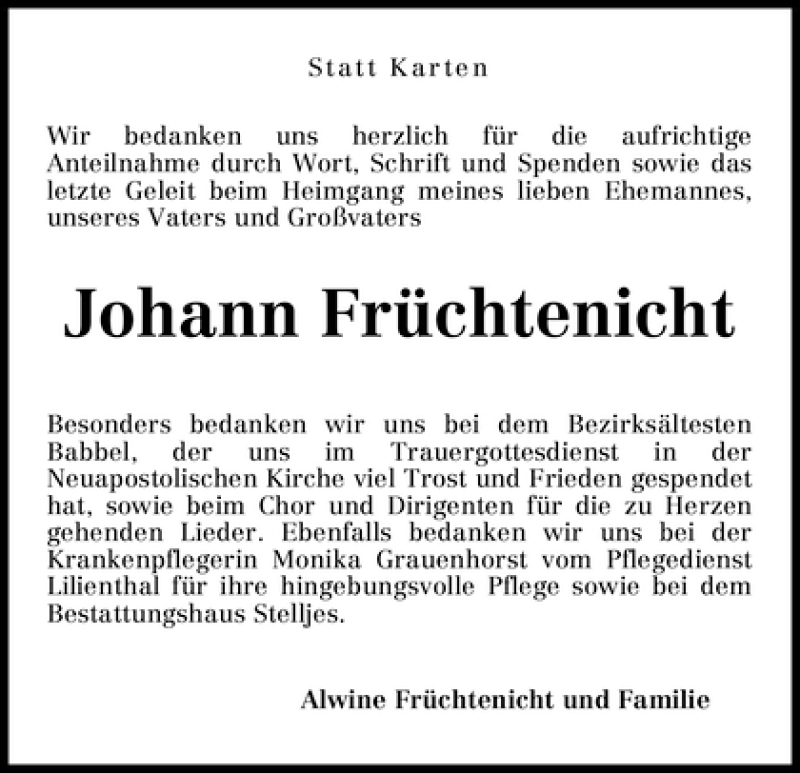 Traueranzeige von Johann Früchtenicht von WESER-KURIER