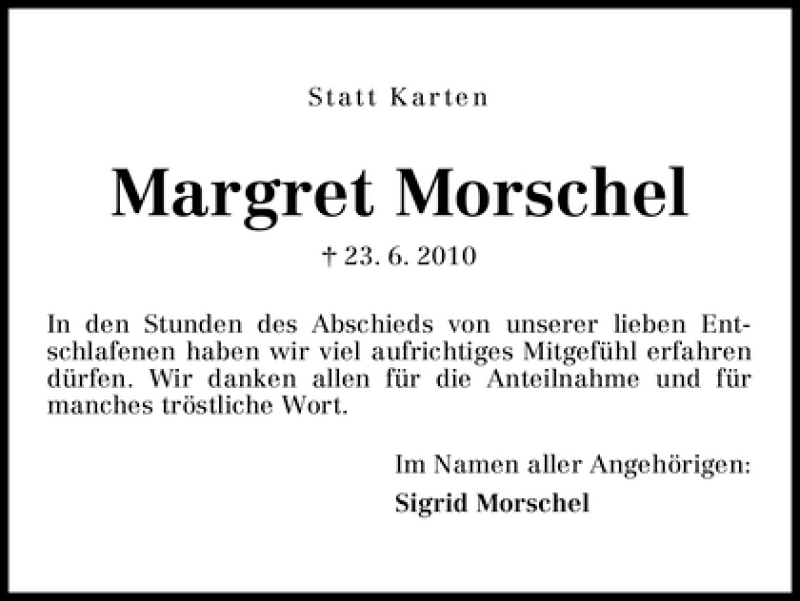  Traueranzeige für Margret Morschel vom 10.07.2010 aus WESER-KURIER
