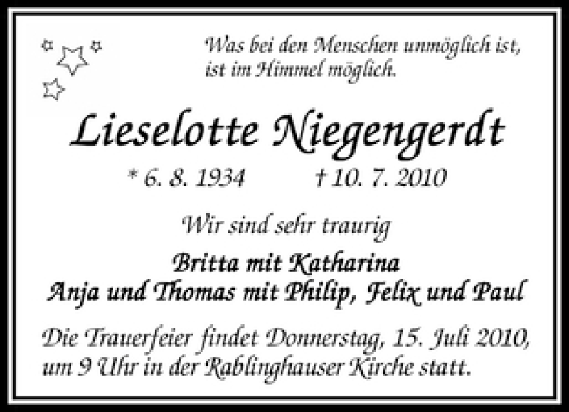  Traueranzeige für Lieselotte Niegengerdt vom 14.07.2010 aus WESER-KURIER