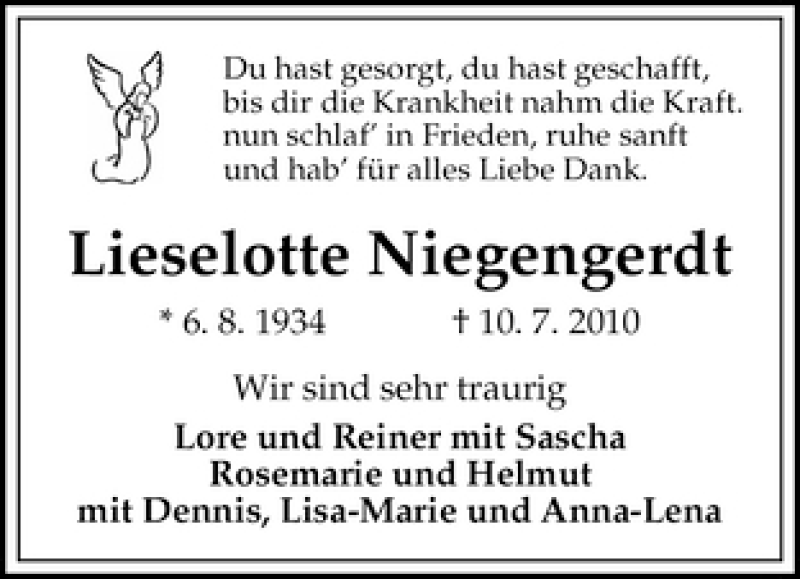  Traueranzeige für Lieselotte Niegengerdt vom 14.07.2010 aus WESER-KURIER