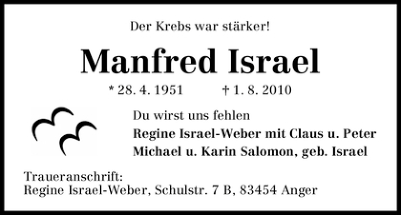  Traueranzeige für Manfred Israel vom 07.08.2010 aus WESER-KURIER