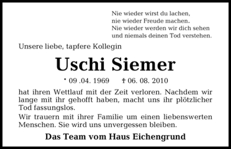  Traueranzeige für Uschi Siemer vom 12.08.2010 aus WESER-KURIER