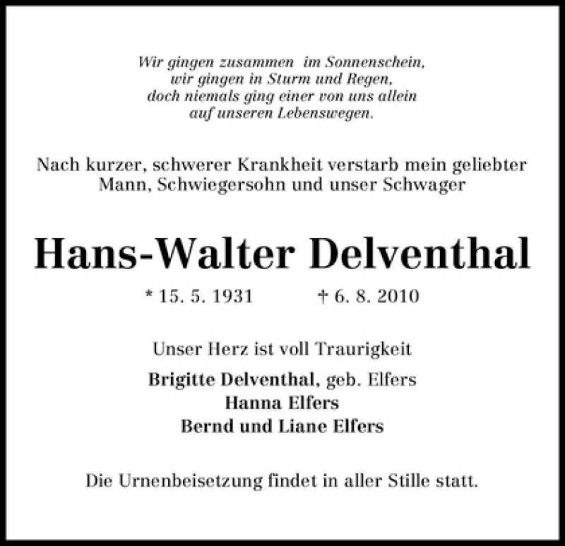  Traueranzeige für Hans-Walter Delventhal vom 12.08.2010 aus WESER-KURIER