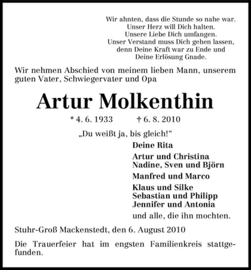  Traueranzeige für Artur Molkenthin vom 14.08.2010 aus WESER-KURIER