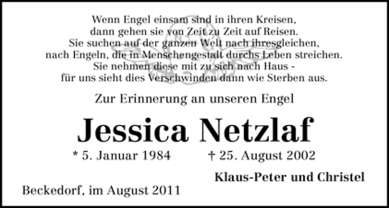  Traueranzeige für Jessica Netzlaf vom 25.08.2011 aus WESER-KURIER