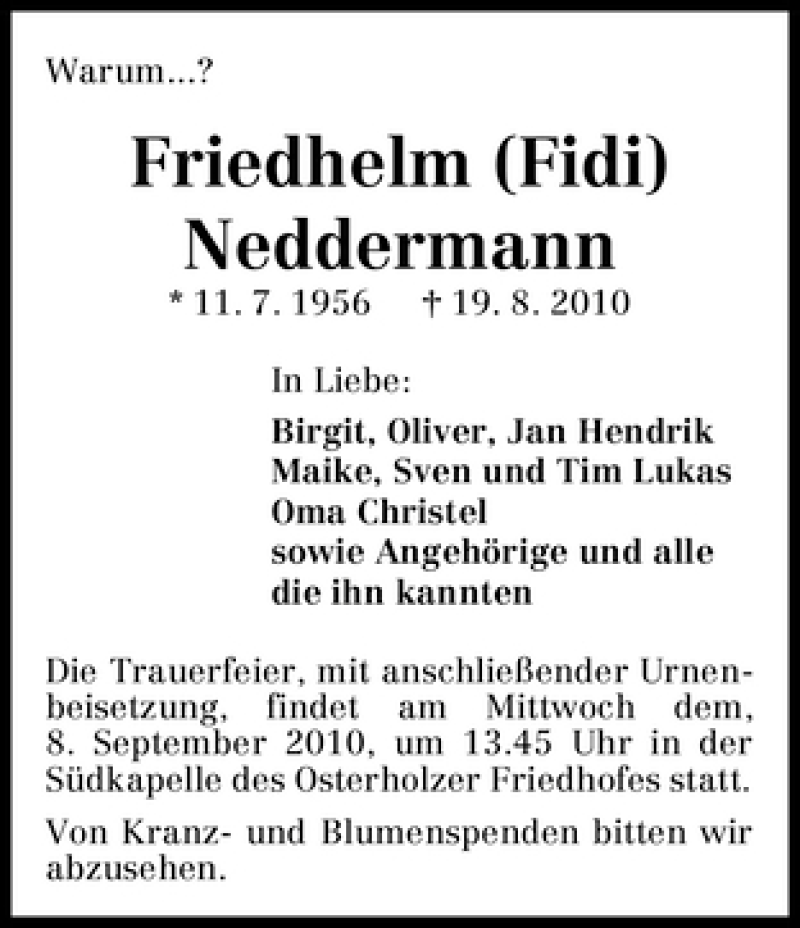  Traueranzeige für Friedhelm Neddermann vom 04.09.2010 aus WESER-KURIER