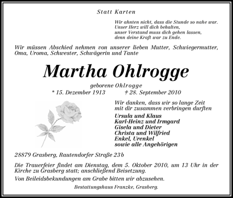  Traueranzeige für Martha Ohlrogge vom 01.10.2010 aus WESER-KURIER
