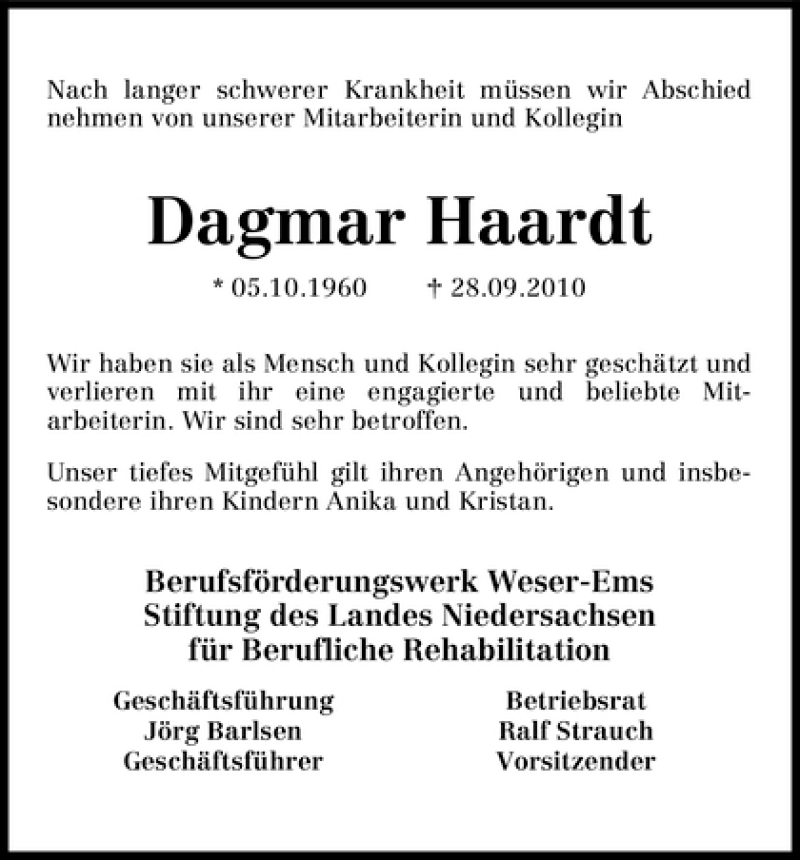  Traueranzeige für Dagmar Haardt vom 02.10.2010 aus WESER-KURIER
