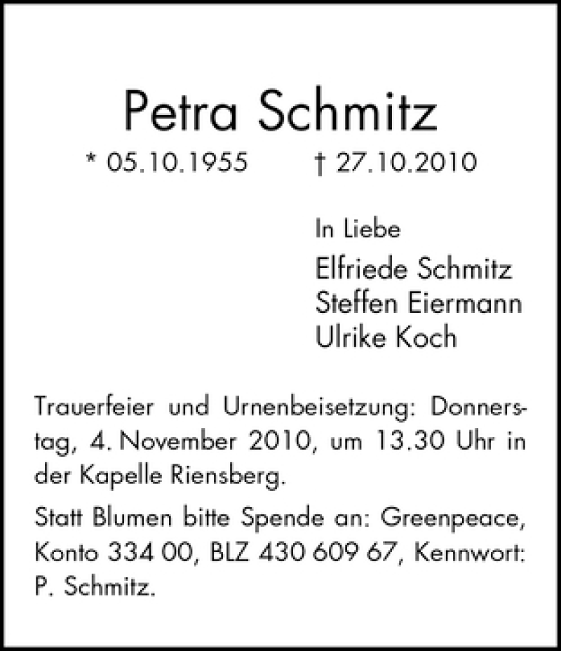  Traueranzeige für Petra Schmitz vom 30.10.2010 aus WESER-KURIER