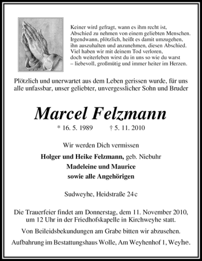  Traueranzeige für Marcel Felzmann vom 08.11.2010 aus WESER-KURIER