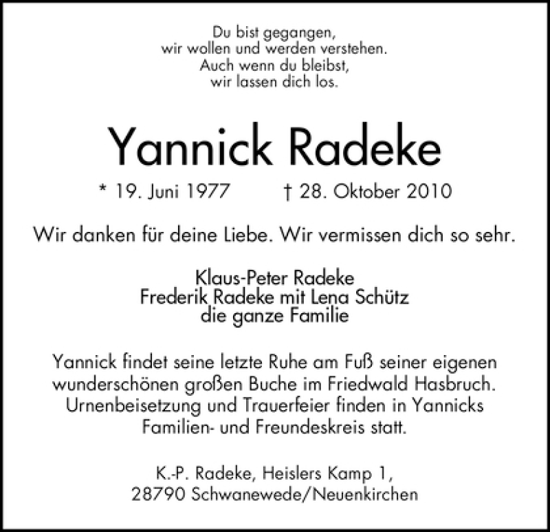  Traueranzeige für Yannick Radeke vom 12.11.2010 aus WESER-KURIER