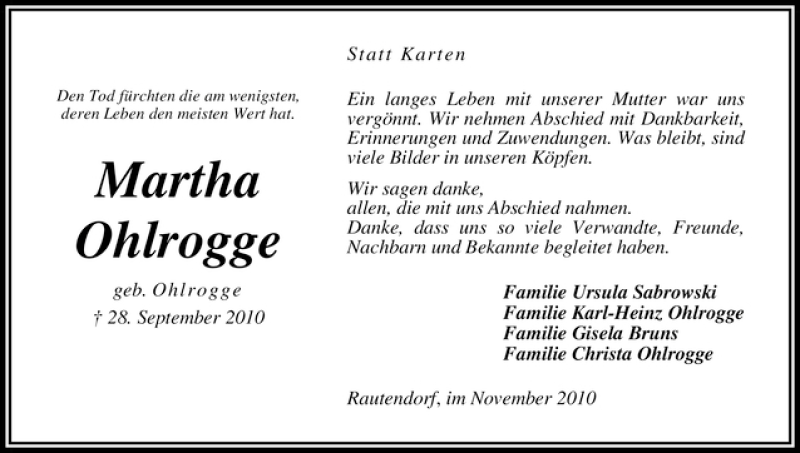  Traueranzeige für Martha Ohlrogge vom 13.11.2010 aus WESER-KURIER