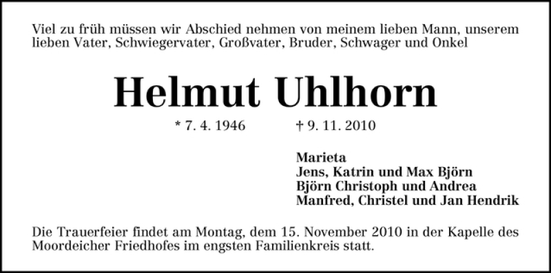 Traueranzeige von Helmut Uhlhorn von WESER-KURIER