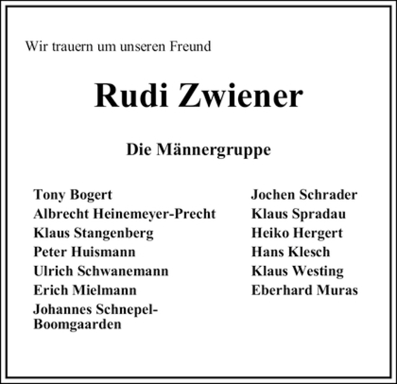 Traueranzeige von Rudi Zwiener von WESER-KURIER