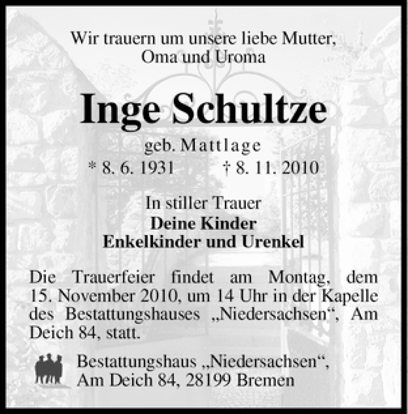  Traueranzeige für Inge Schultze vom 13.11.2010 aus WESER-KURIER