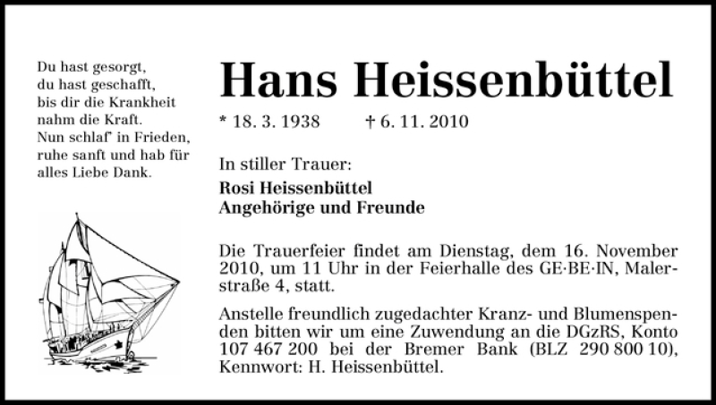  Traueranzeige für Hans Heissenbüttel vom 13.11.2010 aus WESER-KURIER