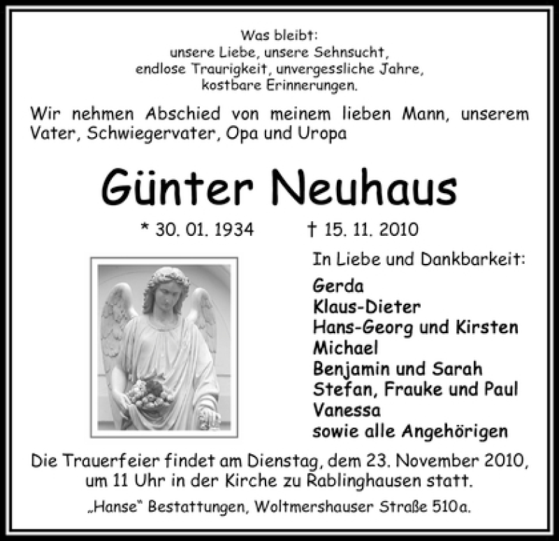 Traueranzeige von Günter Neuhaus von WESER-KURIER