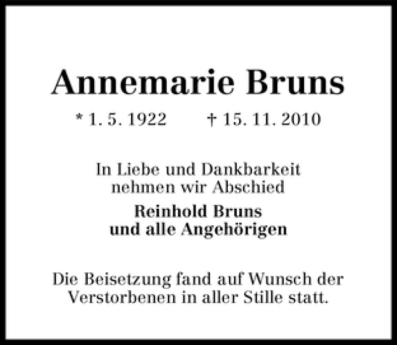 Traueranzeige von Annemarie Bruns von WESER-KURIER